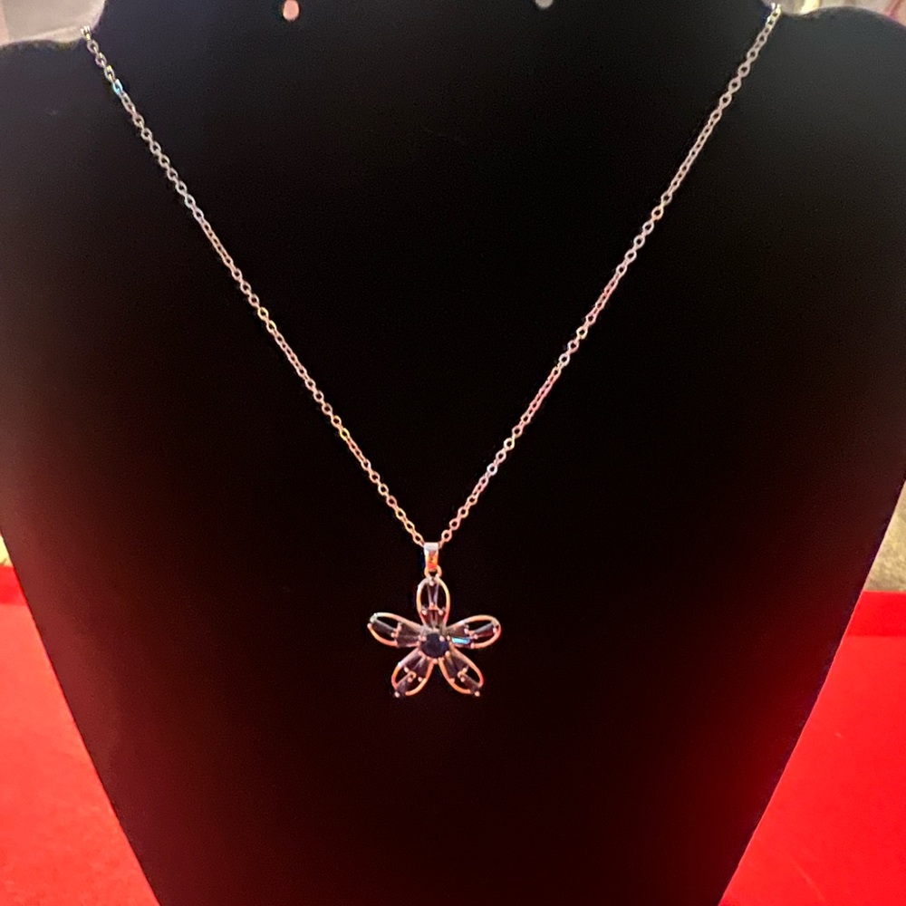 Silver Blue Flower Pendant Necklace